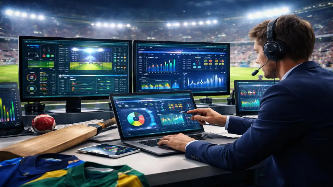 A cricket analyst wearing a headset works at a desk with multiple screens displaying live game statistics, charts, and dashboards inside a stadium, with sports equipment like a bat and ball nearby.