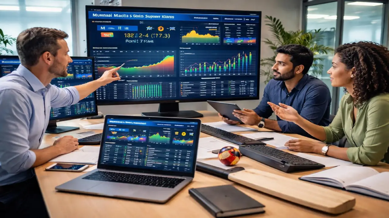 Three colleagues collaborate in an office, reviewing sports analytics on large screens and laptops, with one person pointing at charts while others discuss insights, surrounded by sports equipment on the table.